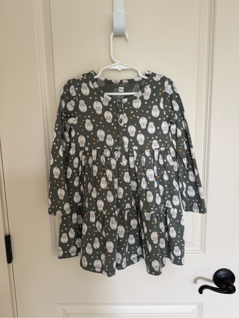 Tea Collection Gray Bunny Print Long Sleeve Tiered Dress